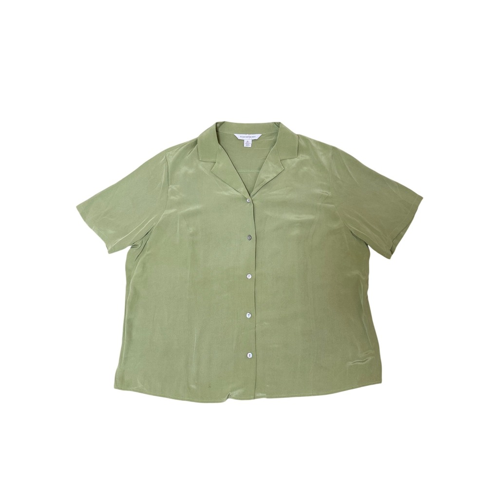 August Max Woman 100% Silk Short Sleeve Button Down Blouse Green 18W